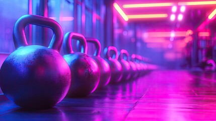 Row of kettlebells in neon-lit gym.
