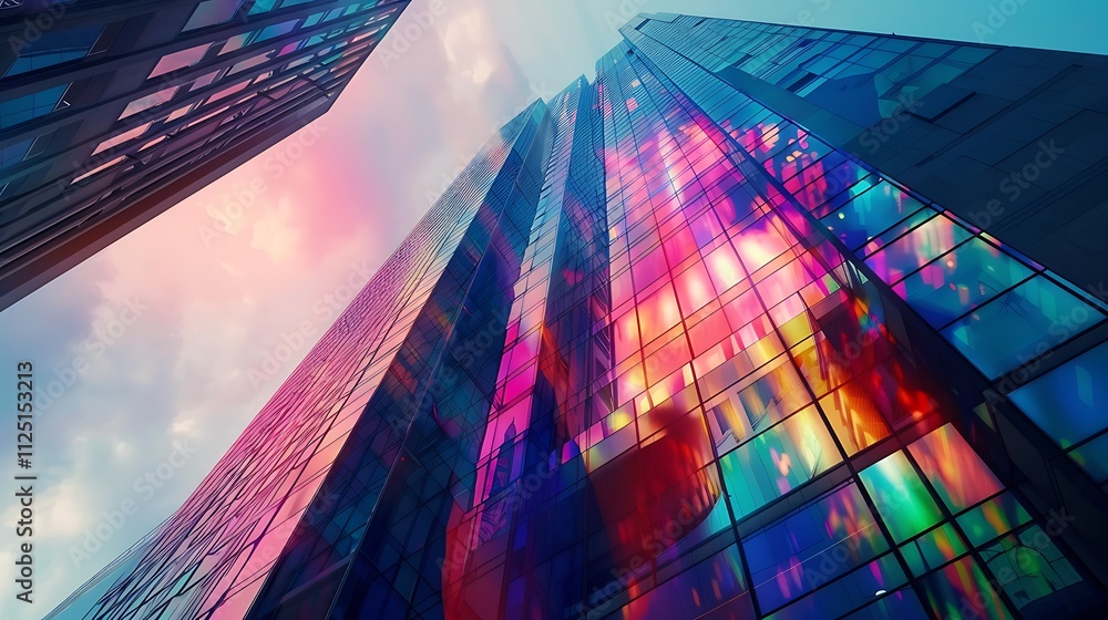Poster an abstract skyscraper with a facade made of shifting, holographic panels that change color with the