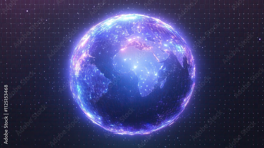 Poster a digital globe floating in space with glowing data points, representing technology and global conne
