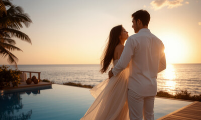 couple embraces by pool at sunset, surrounded by tropical scenery, creating romantic atmosphere. warm glow of sun enhances their intimate moment