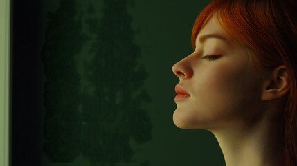 Fototapeta premium A serene portrait of a young woman with striking red hair, lost in thought against a soft green background, embodying calmness and introspection, showcasing beauty and tranquility.