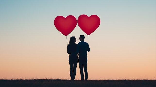A silhouette of a couple holding red heart-shaped balloons against a beautiful sunset. This image conveys love, romance, and connection, perfect for Valentine's Day themes.