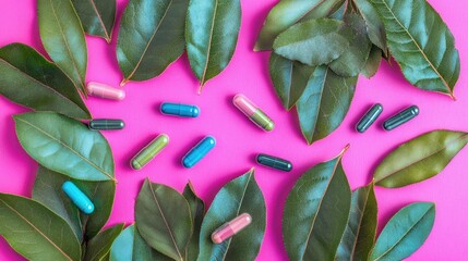 Obraz premium A flat lay of green leaves adorned with colorful capsules, representing health, supplements, and the harmony of nature and science.