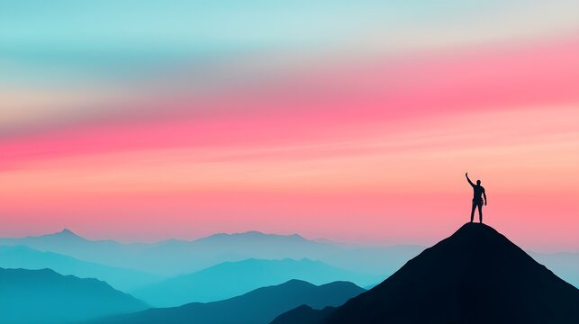 A silhouette of a hiker standing triumphantly on a mountain peak during a stunning sunset, with colorful skies and layered mountains in the background, embodying adventure and achi
