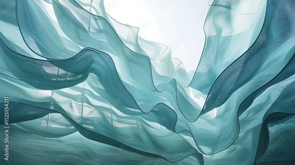 Poster an abstract structure with walls made of translucent, overlapping waves that create a rippling effec
