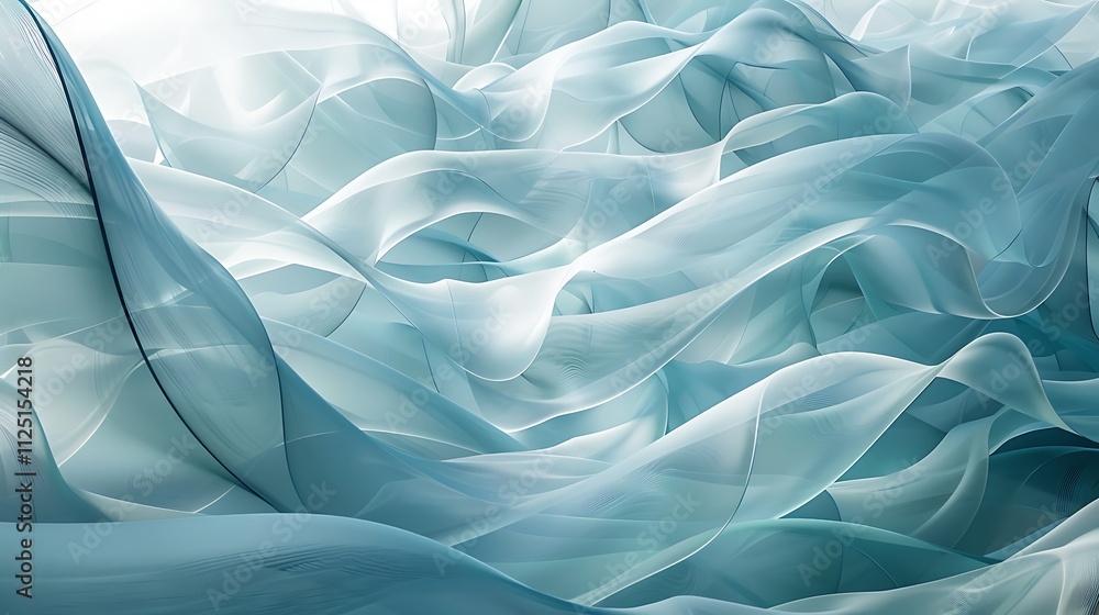 Poster an abstract structure with walls made of translucent, overlapping waves that create a rippling effec