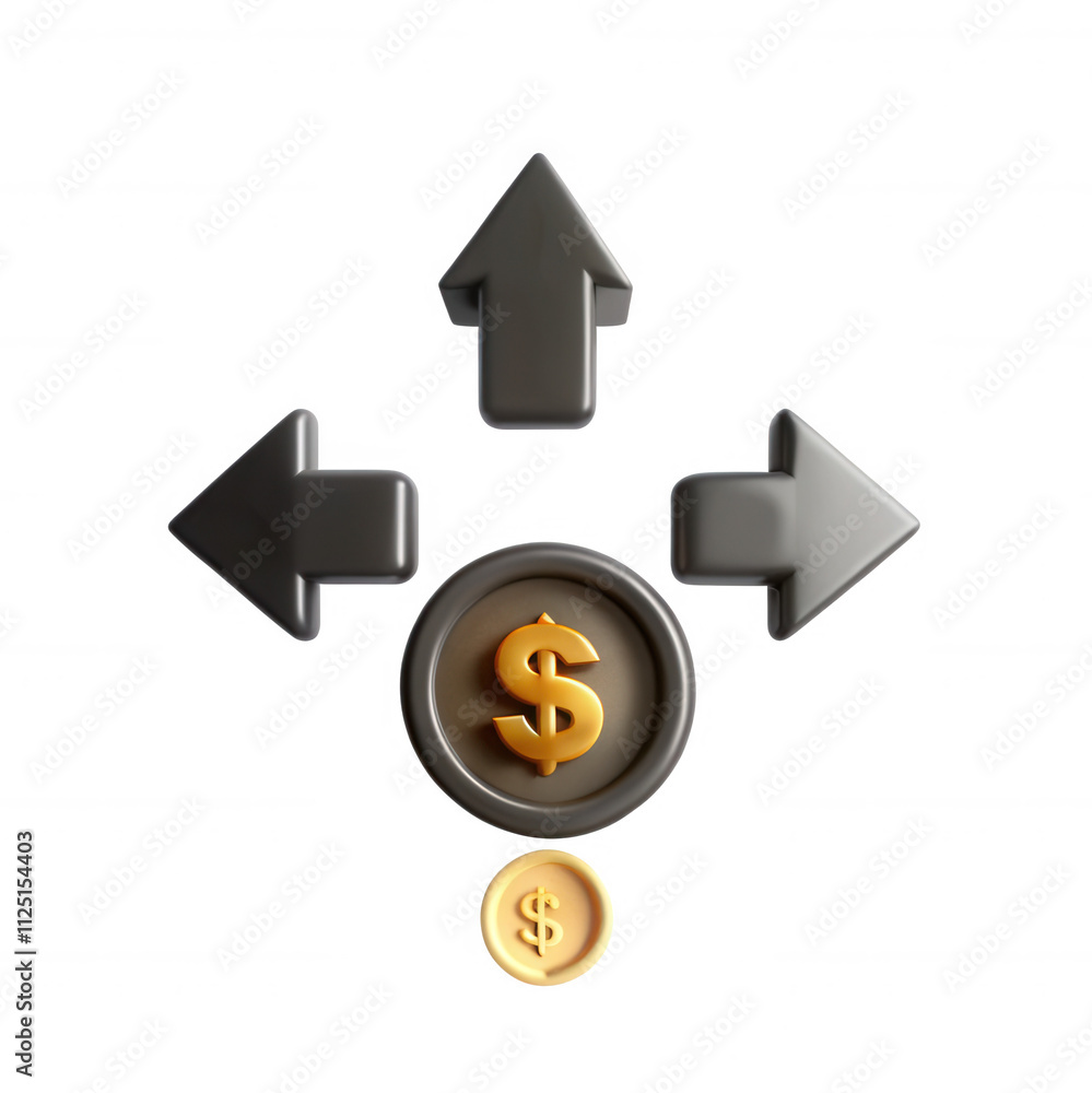 Poster a 3d render featuring arrows pointing in different directions surrounding a stylized dollar sign, em