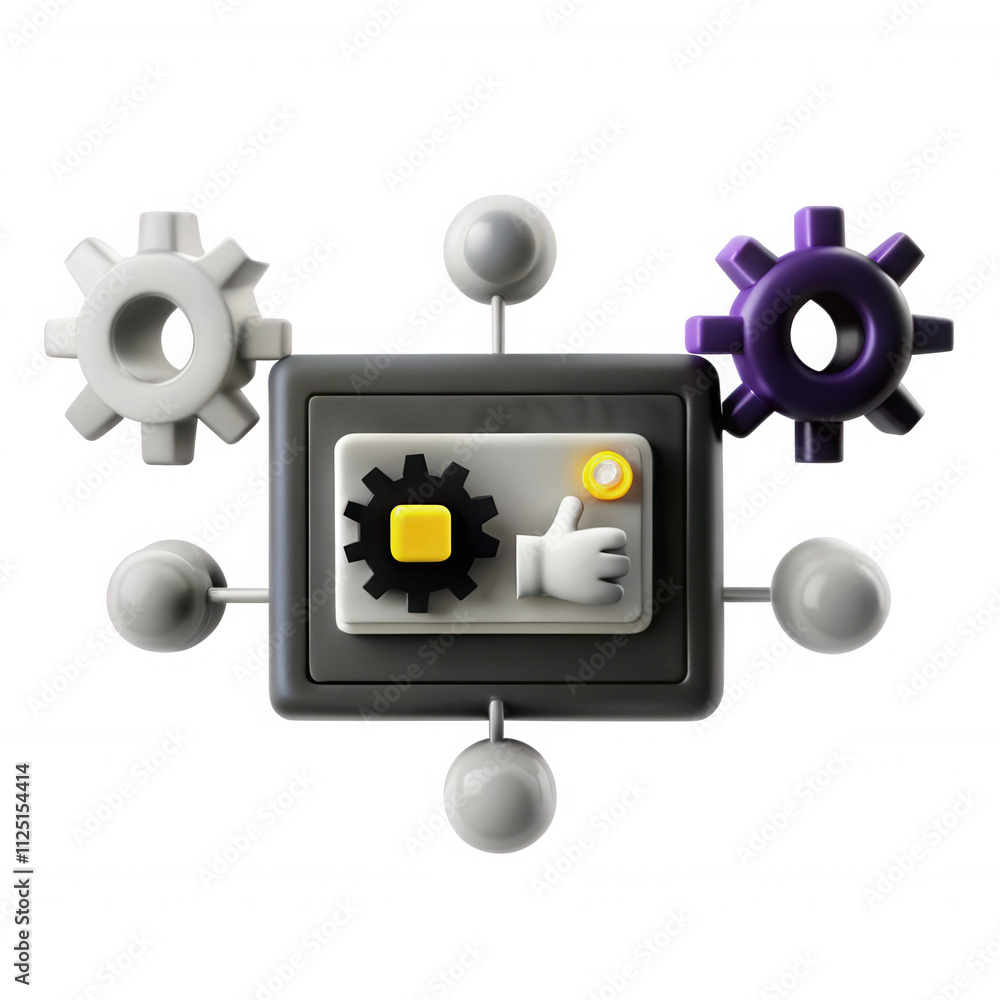 Poster a playful, 3d rendered model showcasing gears and a control panel with a hand icon, illustrating mec