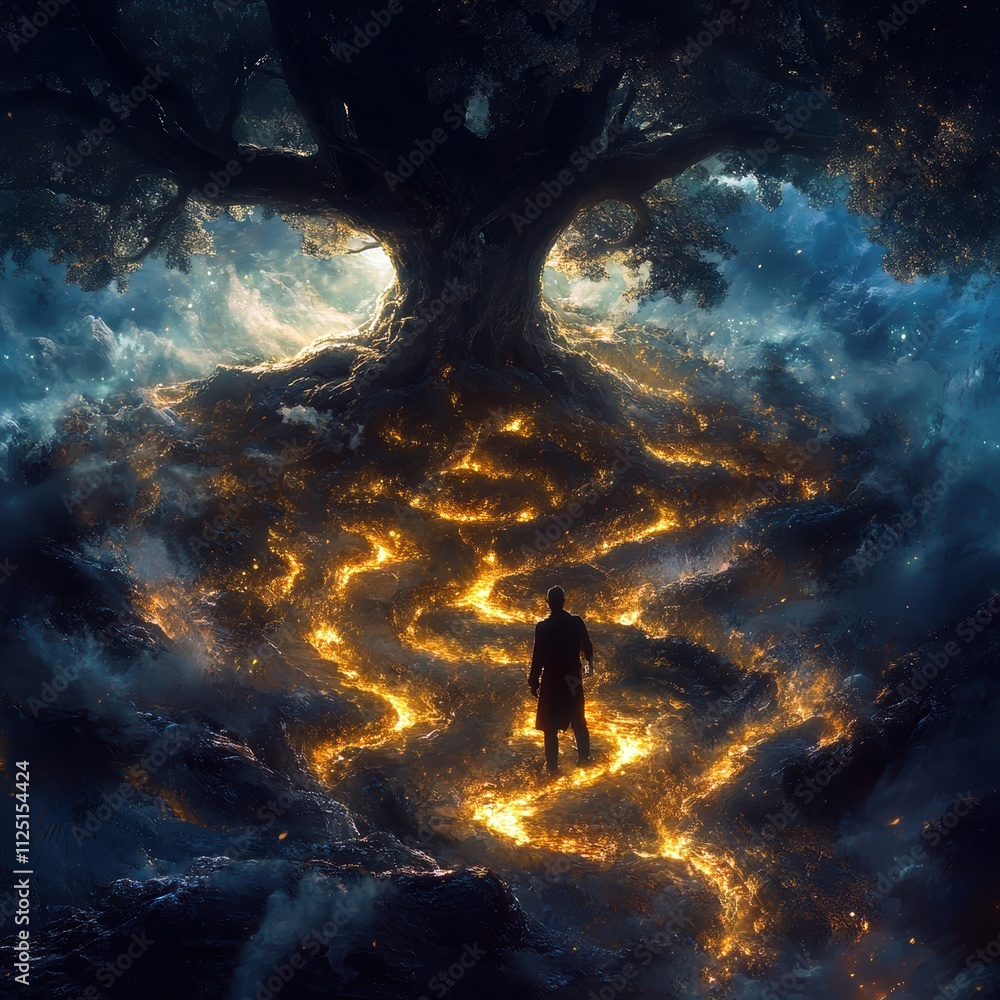 Poster a figure stands before a mystical tree, illuminated by glowing pathways in a vibrant atmosphere.