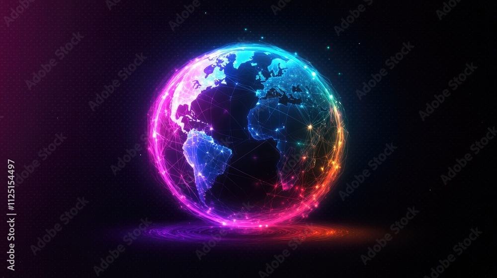 Poster a glowing digital globe with colorful lights connecting around the sphere, symbolizing the world tec