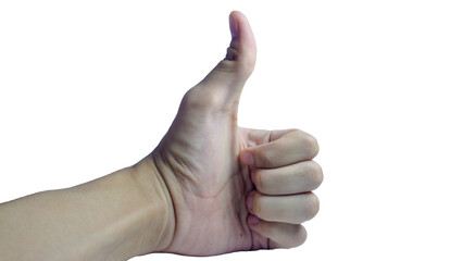 Hand of man showing thumb-up gesture on white background