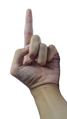 Hand showing one index finger up, getting an idea gesture isolated on white background.