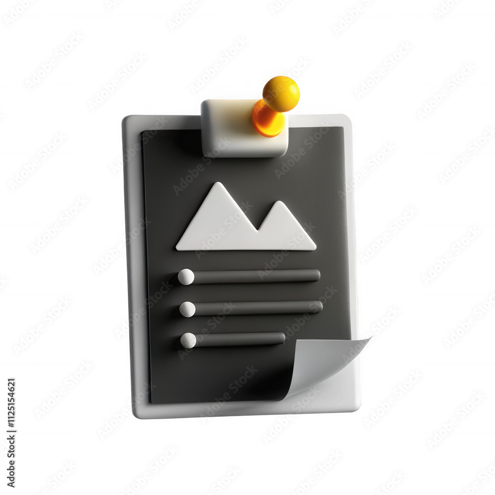 Poster a 3d rendered document icon with a black and white design featuring a pushpin. this icon represents 