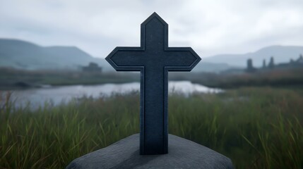 A solemn black cross stands in a serene landscape, surrounded by gentle hills and a calm water body. The peaceful ambiance invites reflection on faith, loss, and remembrance.