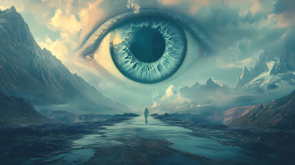 A surreal scene featuring a colossal eye overseeing a mystical world, encapsulating curiosity and mystery in an omniscient eye concept banner. Omniscient. Illustration
