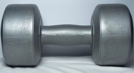 Grey dumbbell rests on a white background.