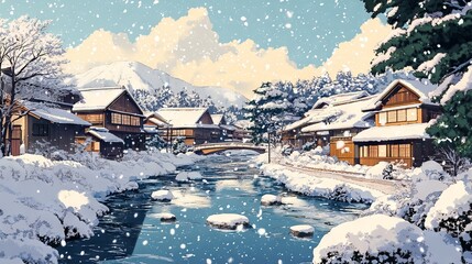 Serene Snowy Japanese Village with Flowing River in Anime Style AI generated illustration