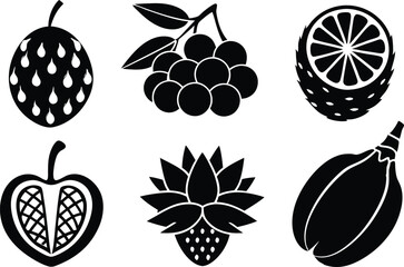 6-vector silhouette fruits icon set features a collection of fruit icons in a clean and minimalist style. Perfect for food-related projects, product labels, packaging, menus, and digital designs. 