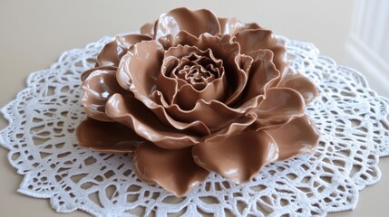 A single chocolate rose with a soft shine, placed on a lace doily with intricate details