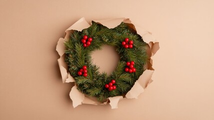 Festive Christmas Wreath with Red Berries and Torn Paper Background