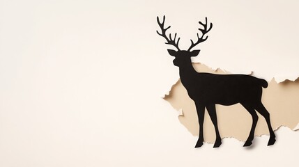 Christmas Festive Design: Silhouette of Reindeer Emerging Through Torn Paper Background