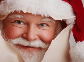 Christmas Holiday: Classic Santa Claus Face Emerging Through Torn Paper