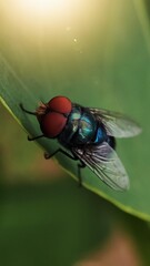 fly on leaf, Chrysomya megacephala, more commonly known as the oriental latrine fly or oriental blue fly, is a member of the family Calliphoridae, Male Bluebottle Chrysomya rufifacies.