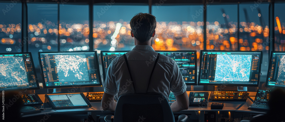 Poster control room with operator monitoring data on multiple screens, city lights visible