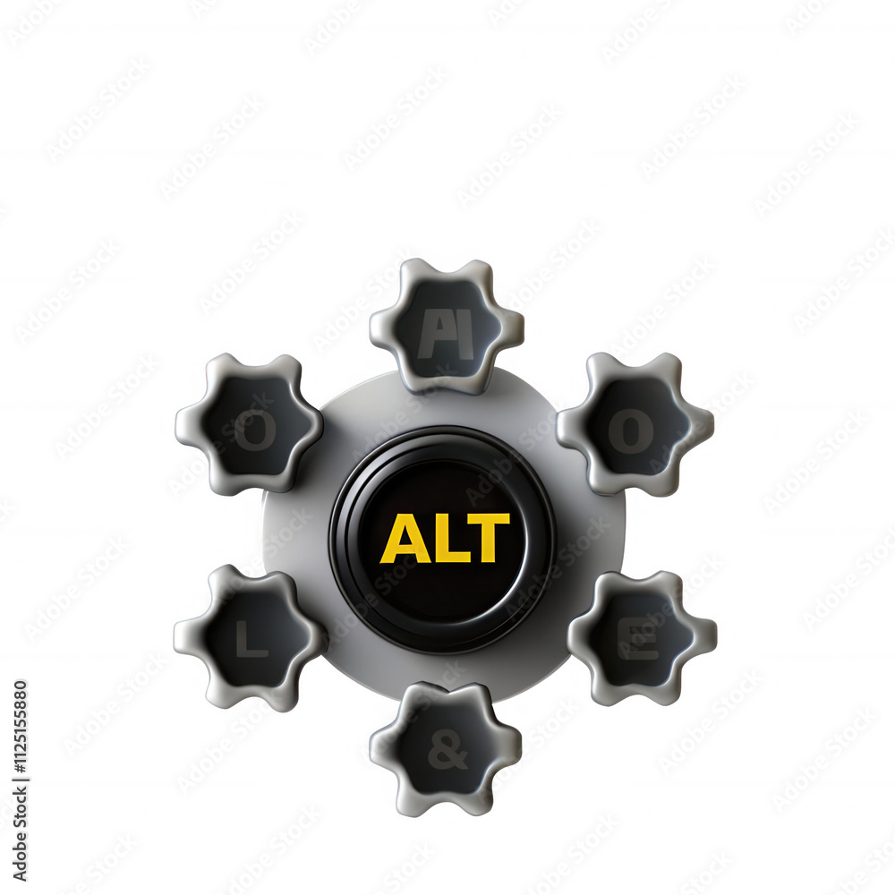 Poster a 3d model of an alt key icon featuring a circular base and stylized buttons. the design emphasizes 