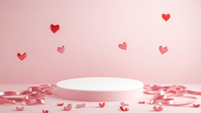 A blank podium mockup with Valentine's Day themed props like scattered hearts, ribbons, and a soft pastel pink background