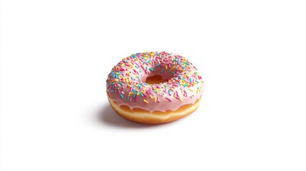 Delicious pink frosted donut with colorful sprinkles sits invitingly. Perfect for celebrations or sweet cravings. A vibrant treat for all ages. Generative AI