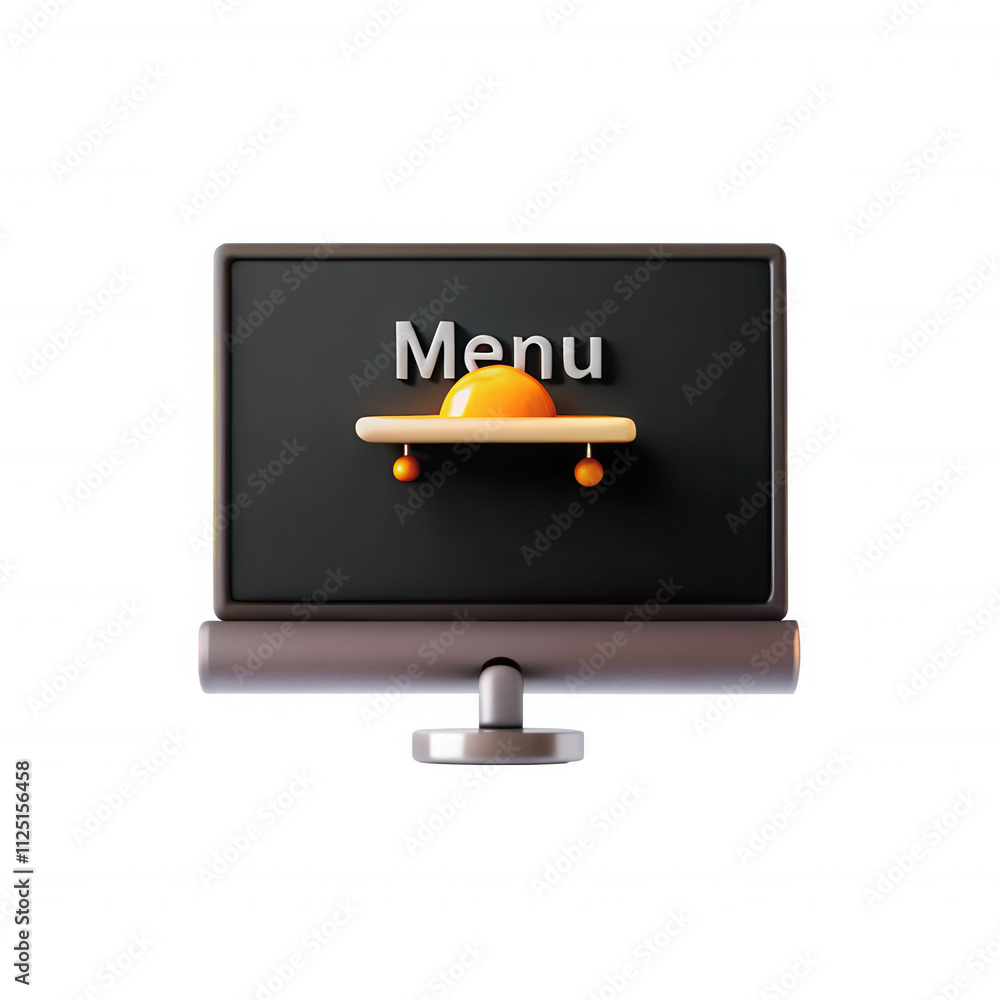 Poster this image showcases a 3d rendered monitor with a stylized menu icon featuring a sun element. the de