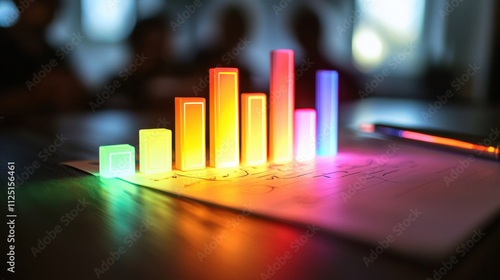 Poster colorful glowing bar graph on table with pen, representing data visualization