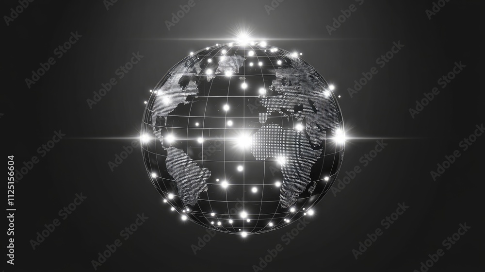 Poster a sleek 3d digital globe, with bright lights and grid patterns, highlighting global interconnectedne