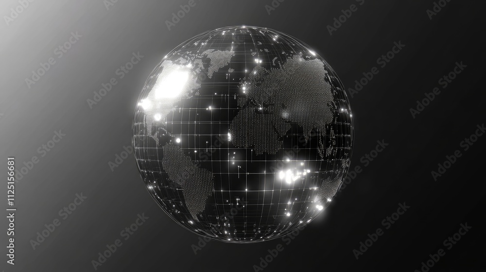 Poster a sleek 3d digital globe, with bright lights and grid patterns, highlighting global interconnectedne