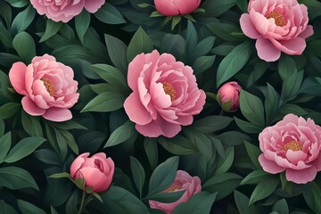 Obraz premium Seamless Pattern of Pink Peonies with Dark Green Leaves AI generated illustration