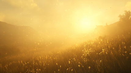 Obraz premium Golden sunlight piercing through foggy meadows, creating a hazy glow.