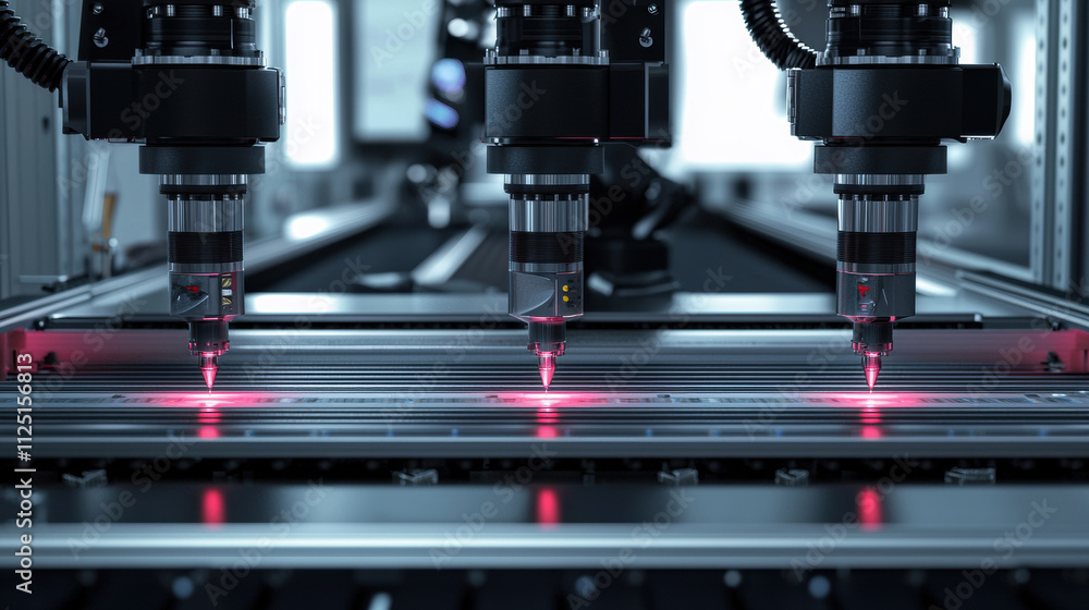 Poster high resolution photograph of advanced laser cutting machines in factory, showcasing precision techn