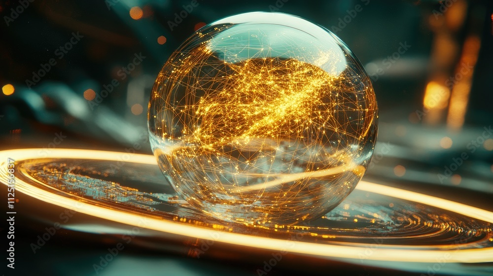 Poster a sleek, futuristic digital globe with glowing grid lines and connected data points, symbolizing a n