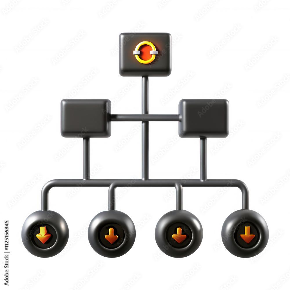 Poster a 3d rendered diagram showing a hierarchical structure with black boxes and orange arrows indicating