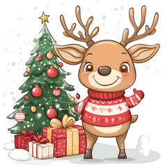 Fototapeta premium Sticker depicting a smiling reindeer with big eyes and antlers on his head, sitting next to presents on snow.