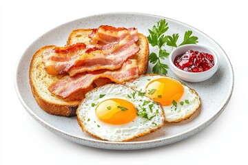 A delicious breakfast plate featuring crispy bacon, fried eggs, toast, and a side of jam garnished with parsley.