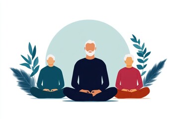 elderly yoga session, elderly group rejuvenates with restorative yoga, guided by caring instructor serene setting with plants and calming hues