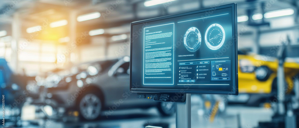 Aufkleber high tech monitor displaying vehicle diagnostics in modern garage environment, showcasing advanced a