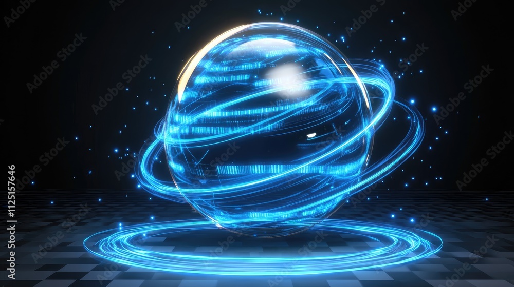 Aufkleber a stylized digital globe with glowing light trails representing data flow, isolated on a transparent