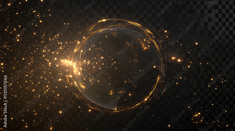 Poster a stylized digital globe with glowing light trails representing data flow, isolated on a transparent