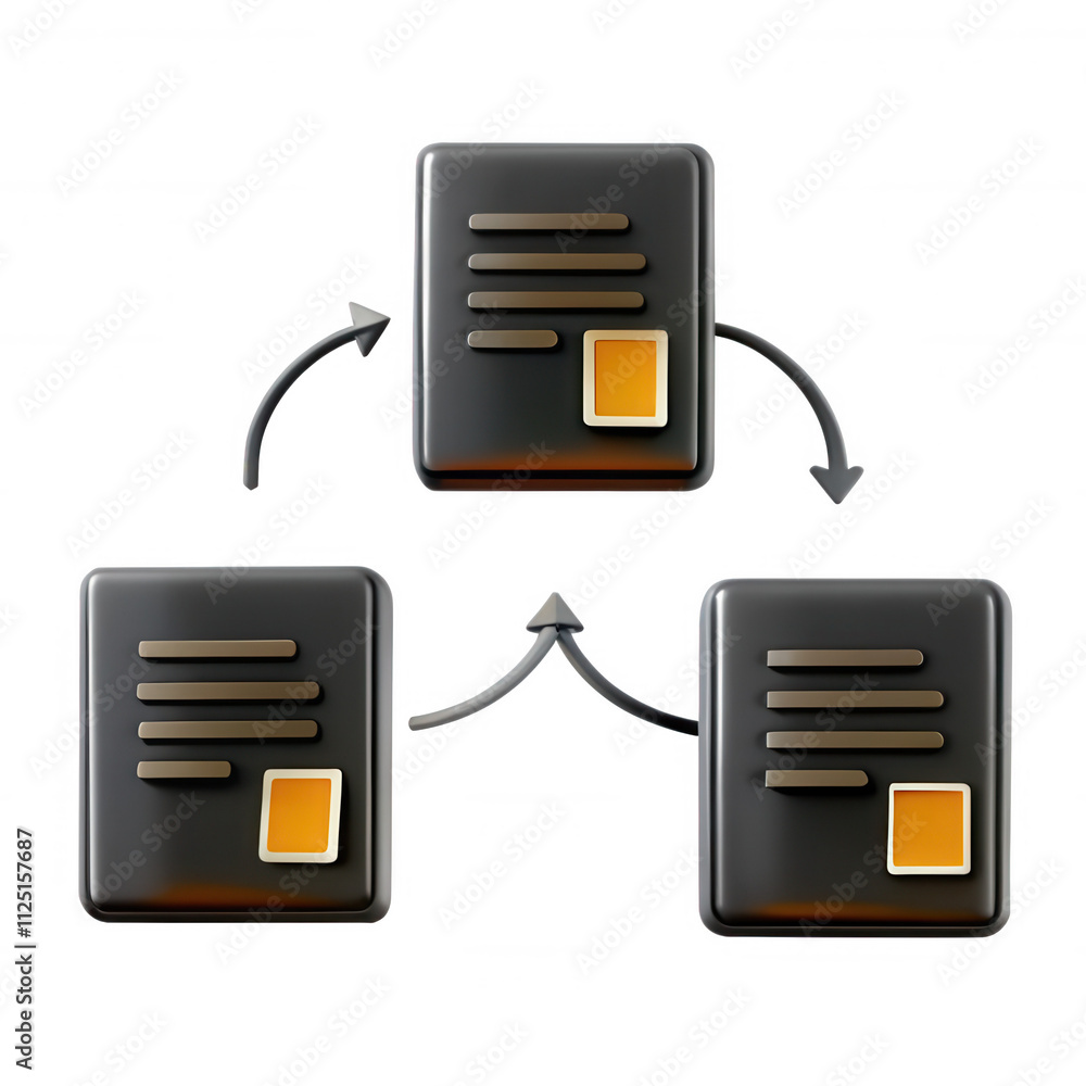 Poster the image showcases three black document icons with orange accents, representing data exchange. it's