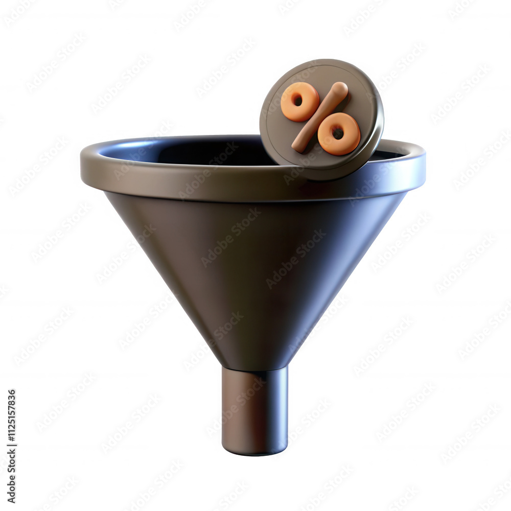 Poster a 3d model of a funnel featuring a playful character emoji. the funnel is rendered in dark tones, wi