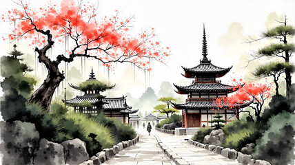 Obraz premium Serene japanese temple in spring with cherry blossoms and traditional architecture