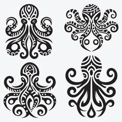 Octopus Silhouette Clip Art Vector illustration Isolated on White Background
